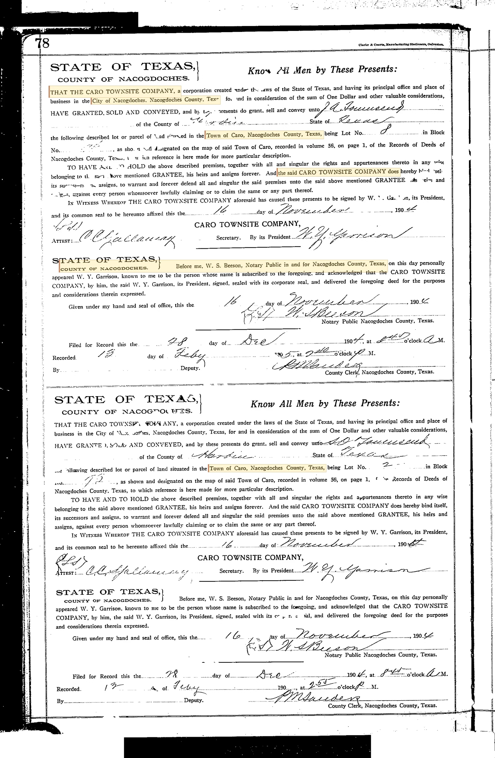 Caro Townsite Company - Recorded Deed (Doc #20946580)